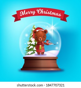Christmas winter vector postcard with snow crystal ball, cute teddy bear, bullfinch, pine tree. X-mas holiday illustration with transparent glass globe, toy, flare. Festive shining snow ball on blue