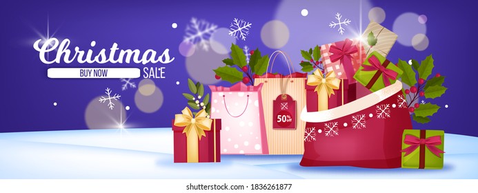 Christmas winter vector sale banner with Santa red bag, gift boxes, snow drifts, packages. X-mas holiday online shopping background with presents, bow, tag, holly. Christmas sale retail illustration