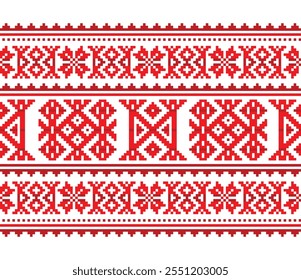 Christmas and winter vector seamless long horizontal pattern with snowflakes - Lapland red and white folk art design, Sami people traditional embroidery Non Ai generated
