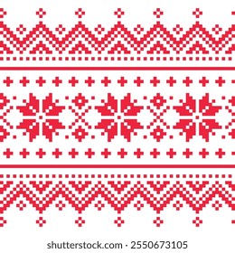 Christmas and winter vector seamless pattern with snowflakes - Lapland red and white folk art design, Sami people traditional embroidery Non Ai generated. Scandinavian and Nordic style
