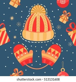 Christmas winter vector seamless pattern with a knitted hat, mittens, gifts, Christmas ball, snowflakes. Xmas template for background, banner, card, poster, packaging, wrapping gifts, fabric.