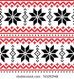 Christmas, winter vector seamless pattern with snowflakes, cross-stitch repetitive design, Scandinavian greeting card