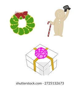 Navidades Vector de invierno con el hombre de jengibre, cajas de regalo y corona de Festiva