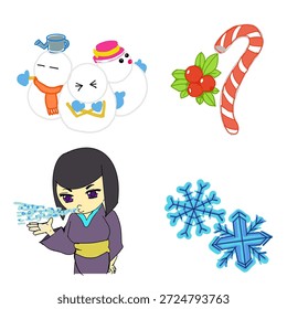 Christmas Winter Vector Set with Snowman, Candy Cane, Snowflakes and Snow Princess