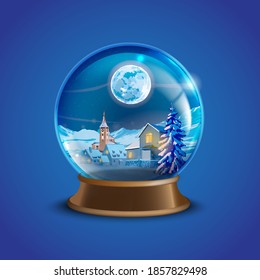 Weihnachten Winter-Vektorschneeball mit dekorierten Dorfhäusern, Kiefern und Mond. X-mas Glaskugel mit kleiner Landschaft. Weihnachtsschneebälle Souvenirgrafik