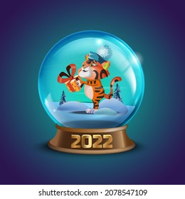 Christmas winter vector snow ball collection with decorated Chinese new year 2022 zodiac - vector cute cartoon character tiger. X-mas glass globe. Holiday crystal snow balls souvenir illustration