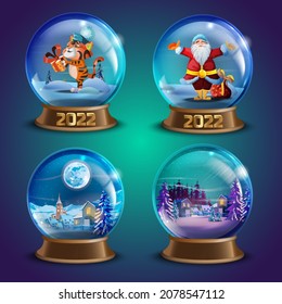 Colección de vectores de invierno navideños de bola de nieve con casas de pueblo decoradas, pinos, Santa Claus, tigre símbolo chino. Globo de vidrio X-mas con un pequeño paisaje. Ilustración de recuerdo de vacaciones