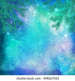 Christmas winter vector watercolor background with tree branches, subtle grunge texture and stars