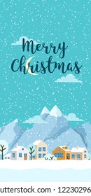 Christmas winter vertical landscape with small houses. Snowy evening village with mountains. Vector illustration for smartphones