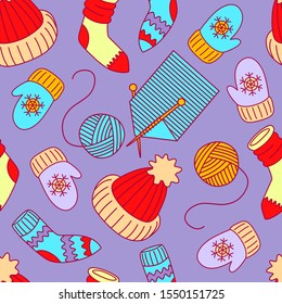 Christmas and winter warm things. Seamless pattern vector background with hand drawn illustrations cozy home things.