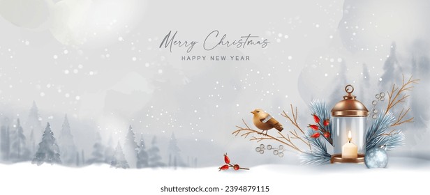 Christmas winter watercolor landscape with a copper lantern, red berries and a bird. Merry Christmas and New Year banner