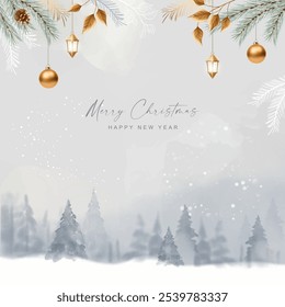 Christmas winter watercolor landscape. Merry Christmas and New Year banner