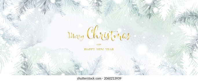 Christmas and winter watercolor natural art background. Pine branches on snow falling with hand-painted watercolor and decorate with golden text. Suitable for header design, banner, cover, or cards.