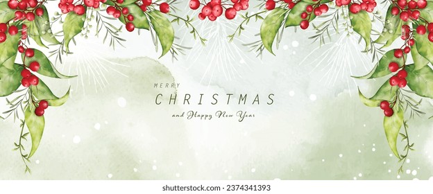 Christmas and winter watercolor natural art background. Berries and pine branches on snow falling and stains with hand-painted watercolor. Suitable for Christmas festivals, header, banner, or cards.