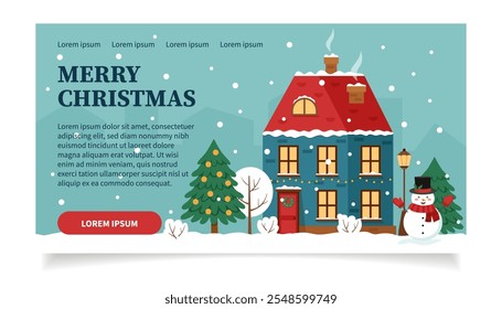 Christmas and winter web banner. Winter house with Christmas tree and snowman in flat style. Christmas background.