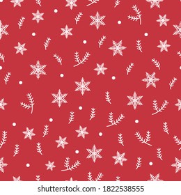 Christmas winter white snowflake seamless pattern on red background for holiday wrapper paper or xmas card in retro, vintage design. Cute vector illustration for festive decor