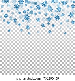 Christmas winter white transparent background with Christmas falling snowflakes. Blue elegant Christmas snowfall. Happy New Year card design for holiday, winter Xmas decoration Vector illustration