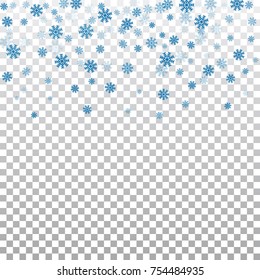 Christmas winter white transparent background with Christmas falling snowflakes. Blue elegant Christmas snowfall. Happy New Year card design for holiday, winter Xmas decoration Vector illustration