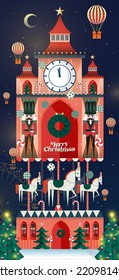 christmas winter wonderland clock tower greetings design template vector, illustration