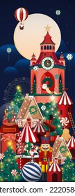 christmas winter wonderland with clock tower greetings design template vector, illustration