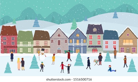Christmas winter wonderland landscape with fairy houses, hills and people on New Year's Eve.