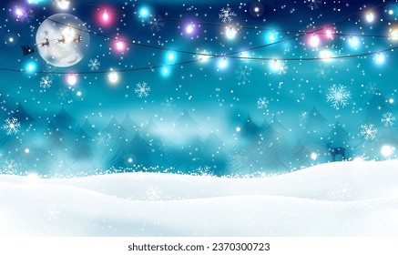 Christmas winter wonderland landscape with snow, light garlands, snowdrift, covered firs, coniferous forest, falling snow, snowflakes for winter and new year holidays. Christmas scene. Vector EPS10.