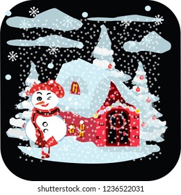 Christmas winter wonderland template. Christmas background with fairy tale house and forest in snowfall. Vector illustration. Card or poster