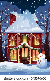 Christmas winter wonderland template. Christmas  background with fairy tale house and forest in snowfall. Vector illustration.