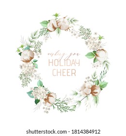 Christmas winter wreath, Green pine, cotton flowers, holly berry. Xmas holiday design greeting card template. Vector illustration for banner, flyer, cover. Vector floral illustration