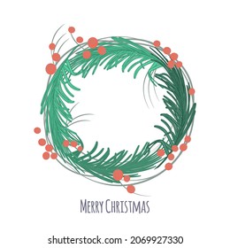 Christmas winter wreath with sprigs of holly, spruce, palms on white background. Congratulatory banner, plant branches, text. Vector illustration, trendy green, red colors and shades in flat style.