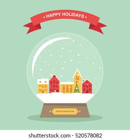Christmas And Wintertime Small Town Snow Globe Flat Vector Illustration