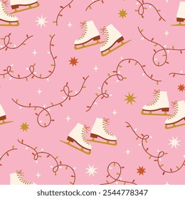 Christmas wintertime vector seamless pattern. Ice skates and fairy lights