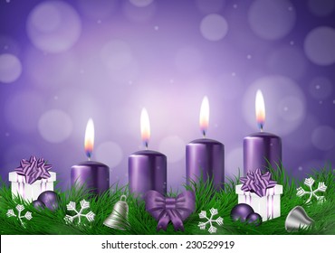 Christmas wish card  with candles  in purple vector illustration