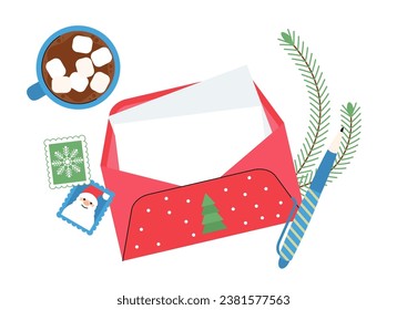 Christmas wish letter to santa claus template. Cocoa cup, pen and xmas decorated envelope with clean paper, north pole holiday mail decent vector concept