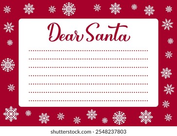 Christmas wish list card. Dear Santa calligraphy hand lettering on red background with snowflakes. Letter to Santa Claus vector template