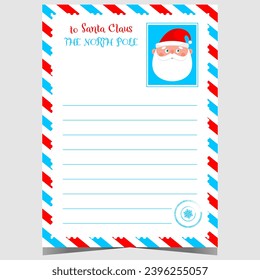 Lista de deseos de Navidad para que los niños llenen y envíen a Santa Claus en el Polo Norte. Carta de Navidad en blanco o plantilla de postal con retrato de Santa y marco de correo de aire clásico.