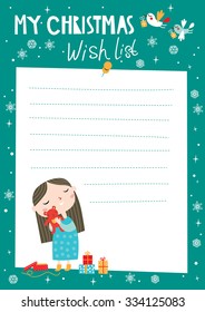 Christmas wish list for children. A girl with a teddy bear.