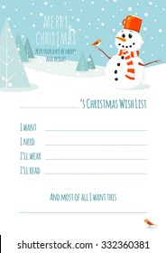 Christmas wish list with a cute snowman in flat design in vector