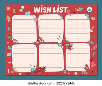 Christmas wish list with a festive character, Christmas tree toys, gifts and decorations. Design for vector illustrations.
