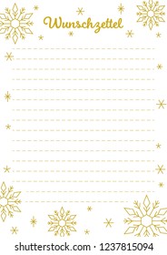 Christmas wish list, German, printable, golden lettering and geometric Christmas ornaments and stars isolated on white background