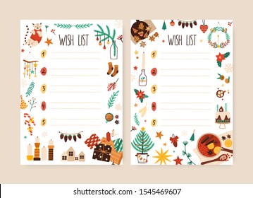 Christmas wish list hand drawn vector illustration. Blank want lists with doodle frame. Xmas letters to Santa Claus with place for text. Traditional winter holiday message. New Year celebration.