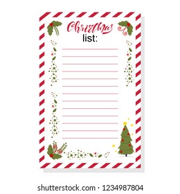 Christmas wish list with holly berry leaves and holiday tree vector template isolated on white background.