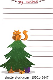 Christmas wish list letter to Santa Claus with cute funny red cat sitting on the top of Christmas tree with presents under the tree in vintage style isolated on white background