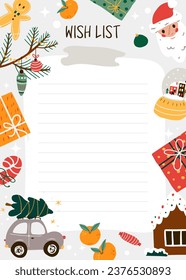 Christmas wish list page template decorated with seasonal decorations. Santa Claus letter design with Xmas ornaments. Flat vector illustration