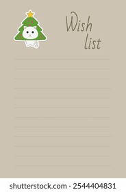 Christmas Wish List Printable Document With Cute Cartoon Cat In Christmas Tree Funny Costume Vector Design