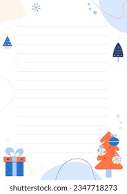 Christmas wish list. Printable letter template for kids. Winter template for card, notes, to-do list, shopping list. Vector illustration. A4 layout.