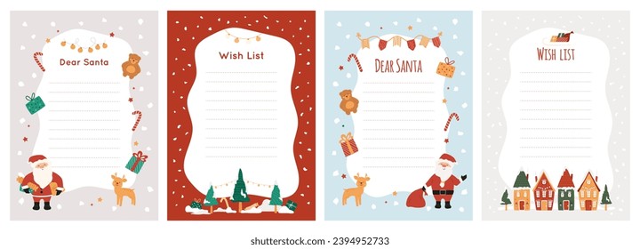 Christmas wish list set, letter template with Santa Claus, cute animals deer and bear, cozy houses and snowy trees, festive bunting. Winter illustration for kids gifts wishes, dreams message.