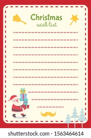 Christmas wish list template with cute santa claus, gifts cartoon style on holiday background. Vector Illustration 10 eps