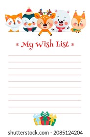 Weihnachtsliste-Vorlage. Cute Organisator mit einem lustigen Cartoon kleinen Hirsch und Geschenkbox. Vektor 10 ESP.
