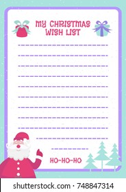 Christmas wish list template flat color style with santa claus, gifts, tree on holiday background. Vector Illustration